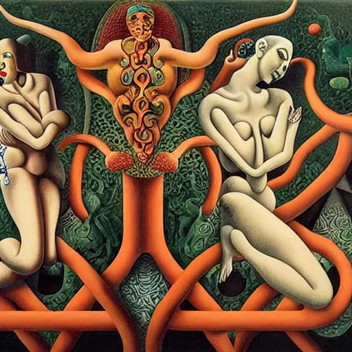 Image similar to the three fates, pain, pleasure, suffering, adventure, love, life, afterlife, abstract oil painting, gouche on paper by MC Escher and Salvador Dali and raqib shaw,-W 1024