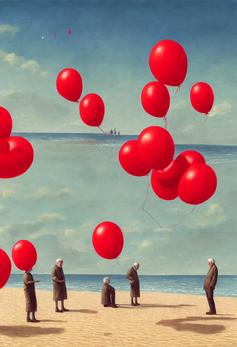 Image similar to lonely old men on the beach, holding red balloons. extremely high fidelity, 8 k, super resolution, cinematic view, super resolution, epic, hyperdetailed, digital painting, artstation, concept art, smooth, sharp focus, octane render, dramatic lighting, art by artgerm and greg rutkowski and alphonse mucha and wlop