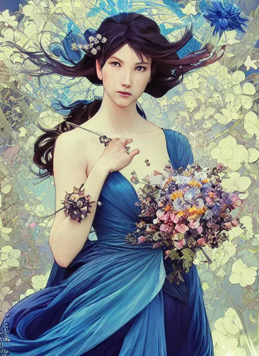 Prompt: portrait of cinderella, flowers, blue spike aura in motion, floating pieces, painted art by tsuyoshi nagano, greg rutkowski, artgerm, alphonse mucha, spike painting