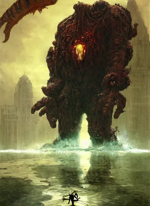 Prompt: huge towering alien brute demon king emerging from lake on sunny day, splashing, partially submerged, by sergey kolesov and lawrence alma tadema and norman rockwell and greg staples and craig mullins and john berkey and ruan jia, artstation creature art