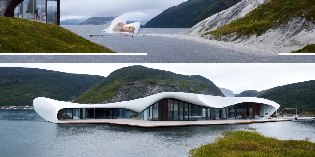 Image similar to modern norwegian fjord beach house designed by zaha hadid, contemporary architecture, photography