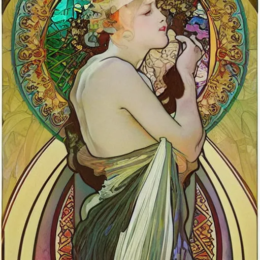 Image similar to a new fresh and epic Alfons Mucha painting