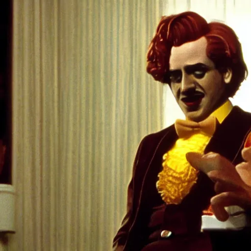 Image similar to A still of Ronald McDonald in The Godfather, cinematic lighting