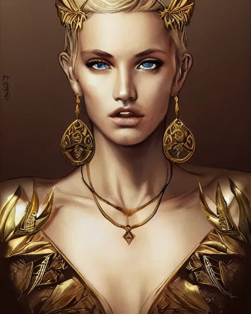 Image similar to tattoo sketch of beautiful super model aphrodite greek goddess wearing a gold laurel wreath and triangle earrings, beautiful piercing gaze with sharp pupils, beautiful blonde hair, in the style of greg rutkowski, fantasy, amazing detail, epic, elegant, smooth, sharp focus, front view