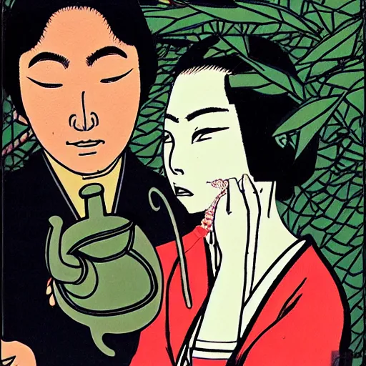 Prompt: A Japanese husband and his beautiful Japanese wife with a snake crawling around them, drinking tea by Toshio Saeki, high detailed