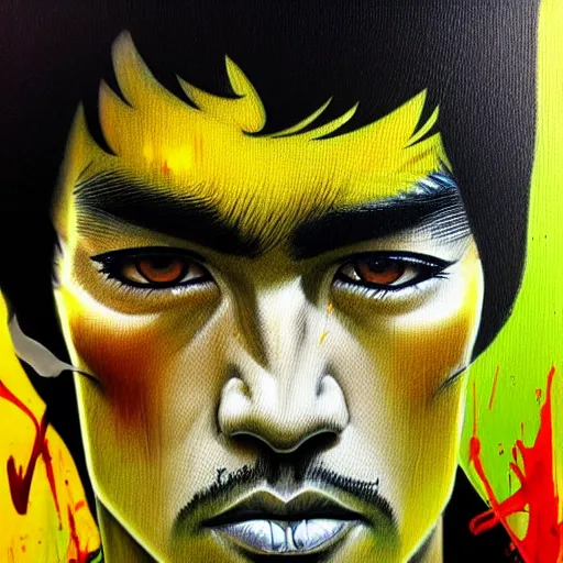 Image similar to a demon slayer portrait of bruce lee, tall, pale - skinned, and slender with lime green eyes and long eyelashes by stanley artgerm, tom bagshaw, arthur adams, carne griffiths, trending on deviant art, street art, face enhance, chillwave, maximalist, full of color, glittering