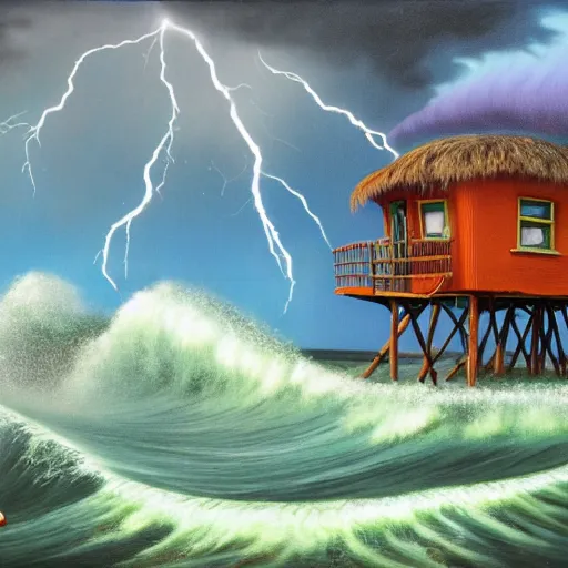 Prompt: bob marley surfing 50 foot waves in a violent lightning storm, a tiki hut in the foreground is almost blown over by the powerful winds by Alexander Jansson, oil on canvas, 8k