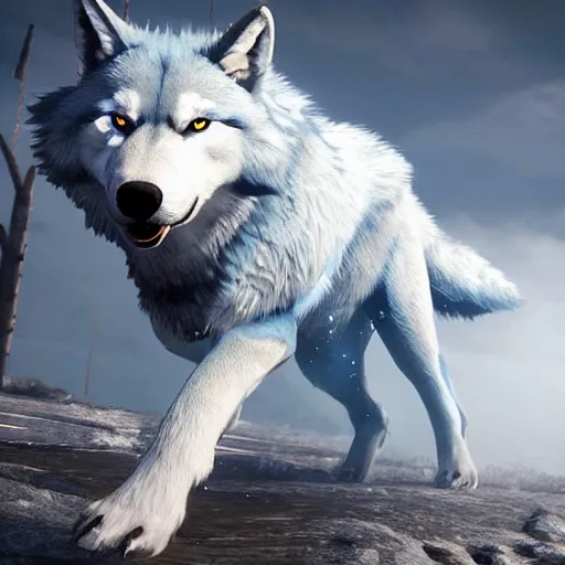 Prompt: a giant blue wolf with a white main and two straight horns on its head, a white star shape on his forehead, yellow eyes, beautiful, ultra realistic, great wolf, unreal engine 5, dynamic lighting, highly detailed, lightning around 9