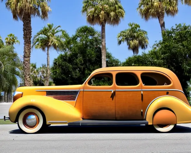 Image similar to 1 9 3 7 pontiac sedan, tan, palm trees in the background