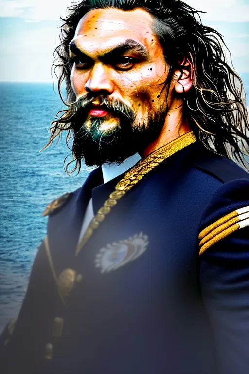 Image similar to portrait of Jason Momoa as an admiral in the Royal Navy, royal portrait