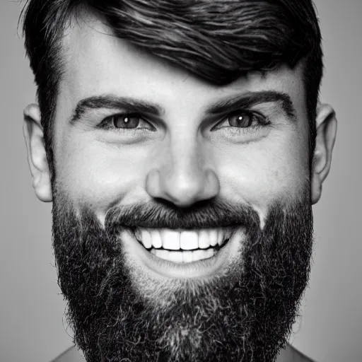 Prompt: Black and white photography of a very muscular man smiling with a chiseled jawline and trimmed beard