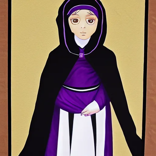 Prompt: little boy wearing nun outfit. purple and black color palate, soft painting, inspired in hirohiko araki