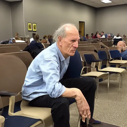 Prompt: werner herzog sits with a pair of bolt cutters in the waiting area of the dmv. wide angle, style of edward hopper, wes anderson, chris ware, award winning, photo realistic, dynamic lighting, very detailed face, 4 k