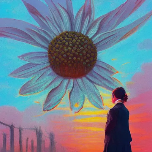 Image similar to giant daisy flower head, frontal, girl in a suit standing on street, surreal photography, sunrise, dramatic light, impressionist painting, digital painting, artstation, simon stalenhag