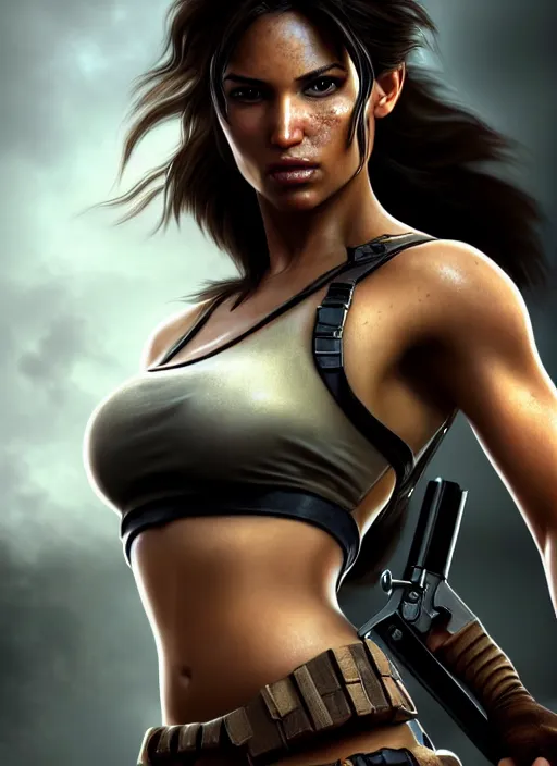 Image similar to a gorgeous lara croft photo, professionally retouched, soft lighting, realistic, smooth face, full body shot, torso, dress, perfect eyes, wide angle, sharp focus on eyes, 8 k high definition, insanely detailed, intricate, elegant, art by artgerm and jason chan and mark litvokin