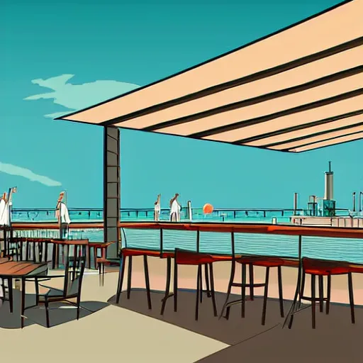 Prompt: rooftop bar overlooking beach in the style of Antoni Guadi, in the style of Mies van der rohe, digital illustration, Style of Moebius