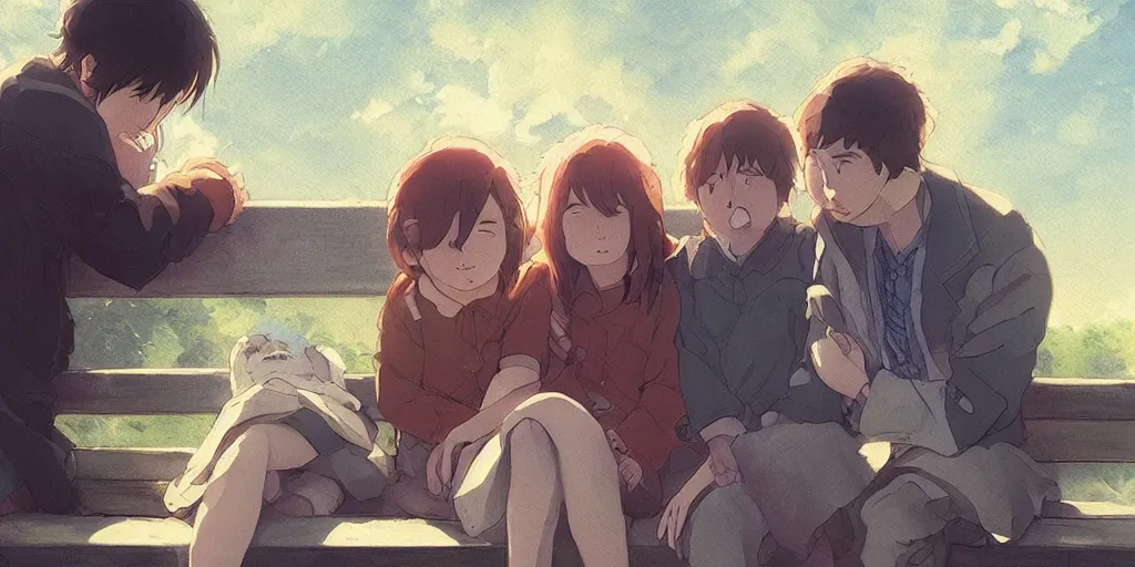 Image similar to a family with sorrow faces sitting on a bench, close up shot, anime art, Greg Rutkowski, studio ghibli, dramatic lighting