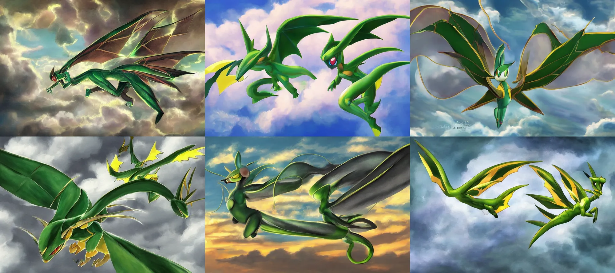 Prompt: digital painting realistic female pokemon flygon anthro flying through clouds with yellow sky