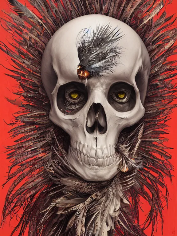 Prompt: art portrait of skeleton with feathers exploding out of head,8k,by tristan eaton,Stanley Artgermm,Tom Bagshaw,Greg Rutkowski,Carne Griffiths,trending on DeviantArt,face enhance,hyper detailed,minimalist,full of colour,