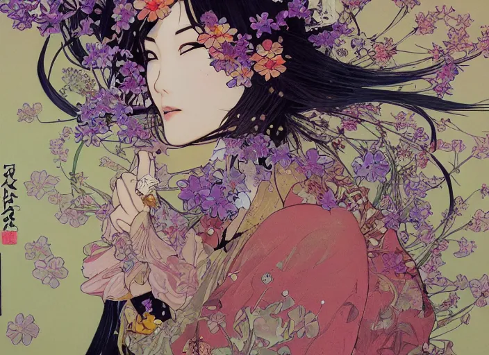 Image similar to oil painting, long shot, beautiful floralpunk japanese bio mechanical female illustration detailed patterns art of japan traditional dress, flower pop art, floral splash painting, art by ashley wood, alphonse mucha, makoto shinkai, geof darrow, dark shadow