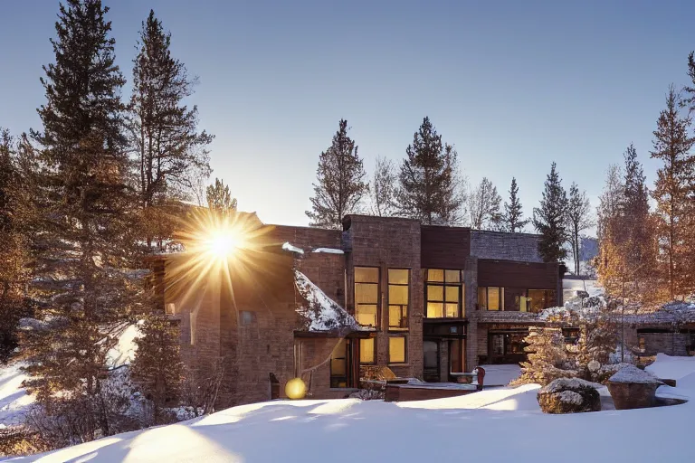 Prompt: a beautiful modern stone mansion in Aspen, golden hour, gentle snow, sunbeams, volumetric lighting, by Emmanuel Lubezki