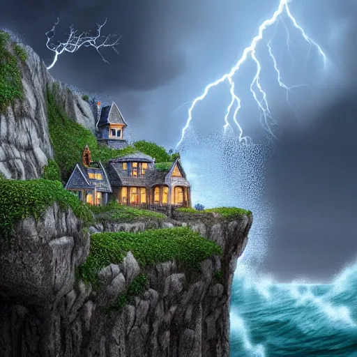 Prompt: Ultra Realistic Hyper detailed Fantasy view of a Haunted Mansion overlooking the cliffs edge where ocean waves are crashing during a lightning storm