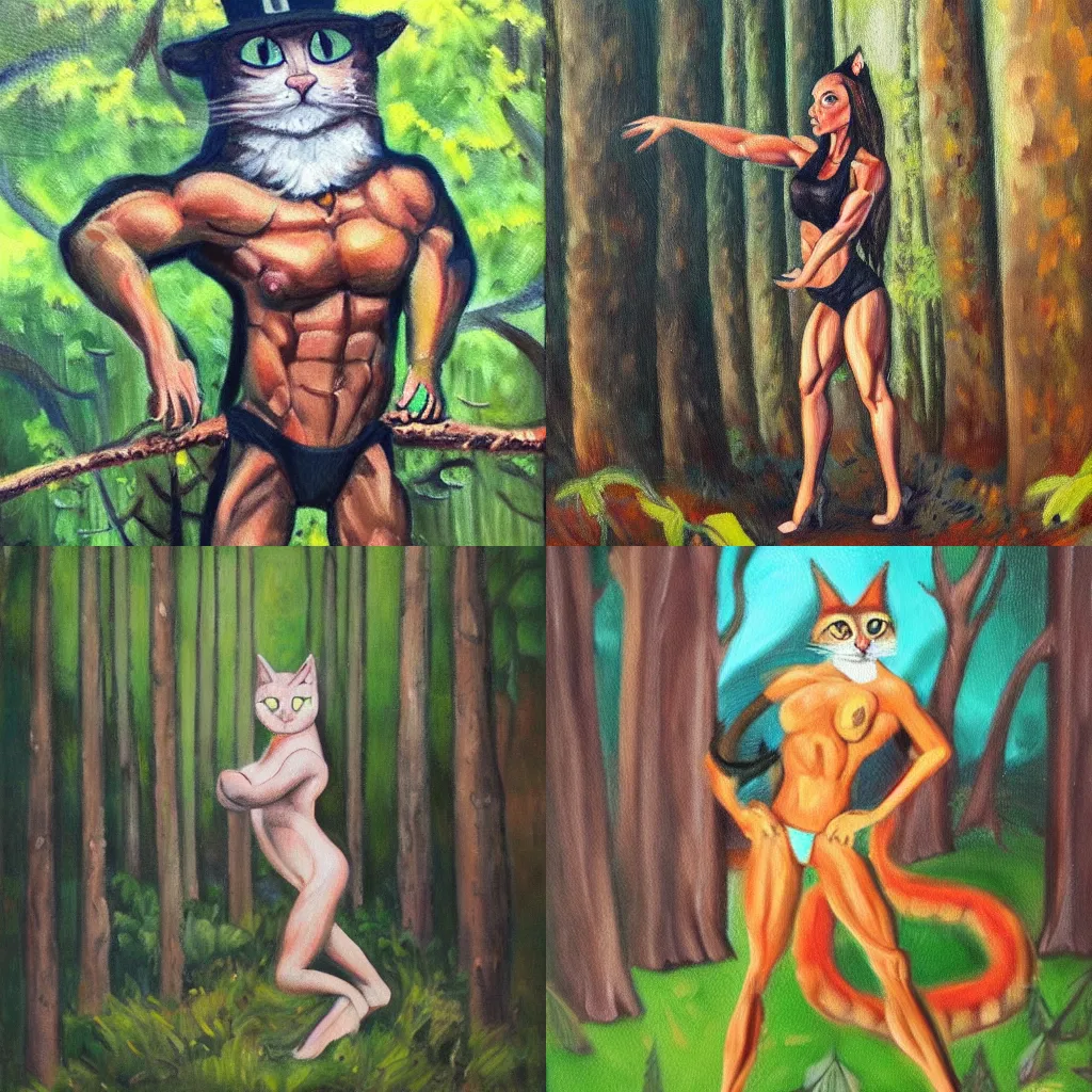 Prompt: a oil painting of a bodybuilder cat witch standing in a forest