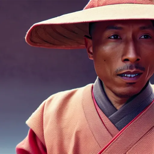 Image similar to cinematic film still Pharrell Williams starring as a Samurai holding fire, Japanese CGI, VFX, 2003, 40mm lens, shallow depth of field,film photography