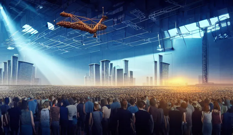 Image similar to crowd in simple warehouse, looking at hologram of futuristic city on a table, cinematic concept art, godrays, golden hour, natural sunlight, 4 k, clear details, tabletop model buildings, center model buildings, hologram center, crane shot, crane shot, crane shot