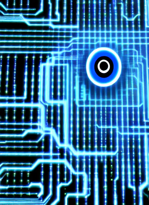 Prompt: a computer circuit board with a blue eye, a computer rendering by karl ballmer, pixabay contest winner, computer art, creative commons attribution, quantum wavetracing, future tech