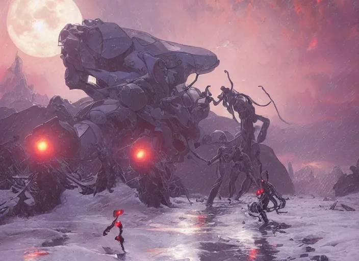 Prompt: giant evangelion attacking an encampment during a blizzard, highly detailed, digital illustration, artstation, concept art, matte, sharp focus, illustration, dramatic, full moon, art by artgerm and greg rutkowski and alphonse mucha