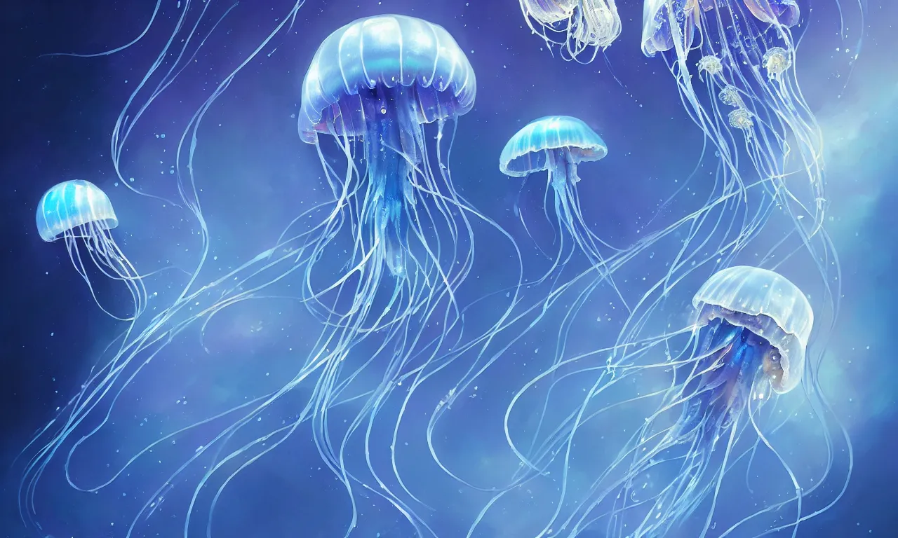 Image similar to detailed jellyfish in space, blue tones, underwater, full frame, highly detailed, digital painting, artstation, concept art, smooth, sharp focus, illustration, art greg rutkowski and alphonse mucha