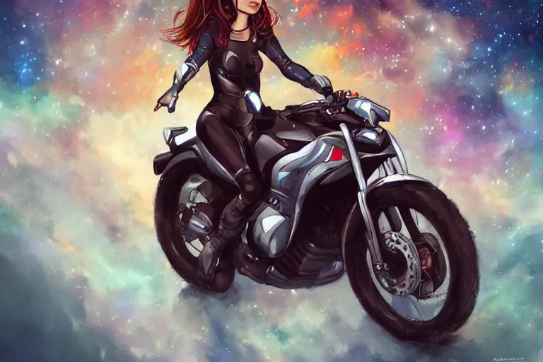 Image similar to a girl is riding a motorbike, the space background, digital painting by artgerm hyperdetailed trending on artstation trending on deviantart