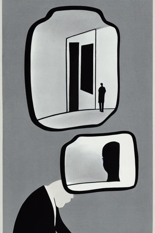 Image similar to man looking at his reflection in the mirror, 1960’s minimalist advertising illustration, painterly, expressive brush strokes