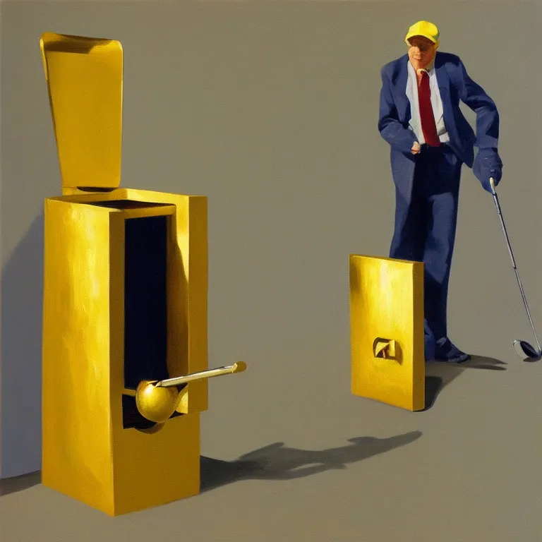 Image similar to gold urinal as art, golf club, painted by Edward Hopper, painted by James Gilleard, airbrush