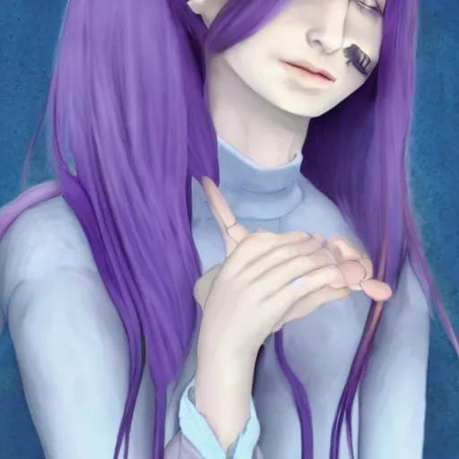 Prompt: female necromancer with pale blue skin, indigo hair and curved horns wearing a purple sweater