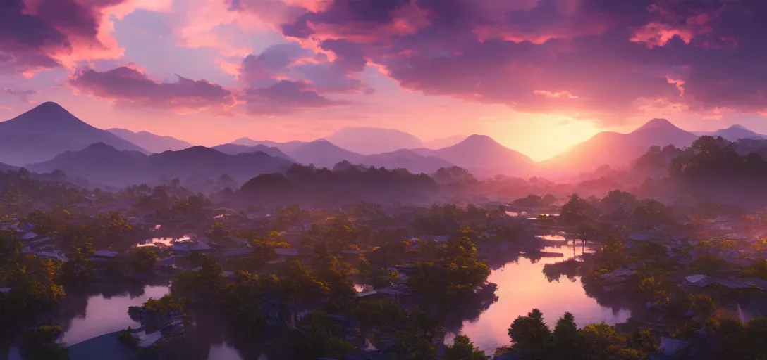 Image similar to epic view of beautiful ancient japanese city at sunset, clear skies, winding rivers, there are hills in the far background distance, unreal engine, dramatic lighting, detailed, ambient occlusion, global illumination, god rays, 3 d artstation render by greg rutowski and jessica rossier