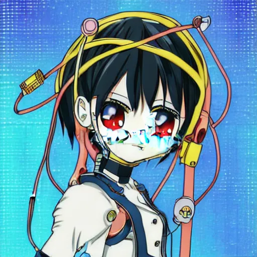 Prompt: Anime manga robot!! Anime girl, cyborg girl, exposed wires and gears, fully robotic!! girl, manga!! in the style of Junji Ito and Naoko Takeuchi, cute!! chibi!!! Schoolgirl, epic full color illustration, full body illustration