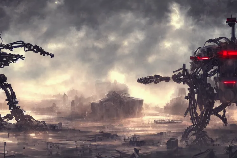 Image similar to apocalyptic a mechanical spider robot with guns digital painting, mixed media, trending on artstation and deviantart, epic composition, highly detailed, 8 k