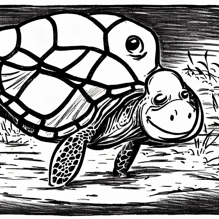 Prompt: a still frame from comic strip of a turtle running away 1 9 5 0, herluf bidstrup, new yorker illustration, monochrome contrast bw, lineart, manga, simplified