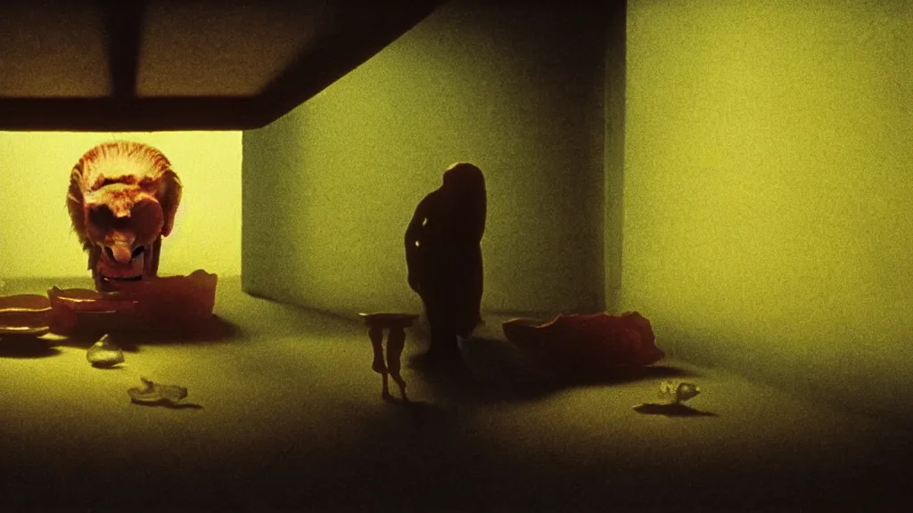 Image similar to the face with the plate of food under my bed, film still from the movie directed by denis villeneuve and david cronenberg with art direction by salvador dali and zdzisław beksinski, wide lens