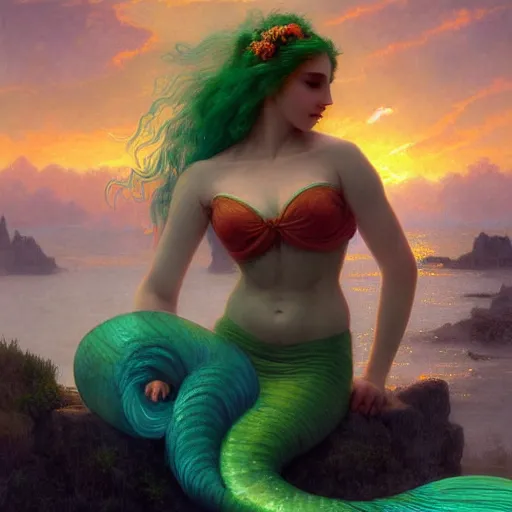 Image similar to a beautiful stunning interesting detailed fantasy whimsical matte digital portrait illustration of a mermaid with blue-green hair, yellow-orange and red-violet spectacular sunset, in the style of William Adolphe-Bouguereau and Marc Simonetti, magic the gathering, trending on artstation hq, contest winner