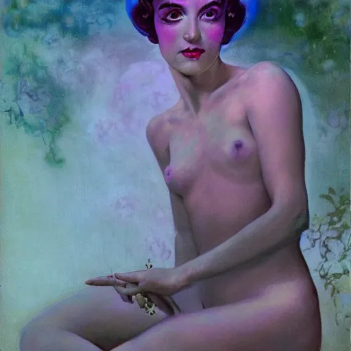 Image similar to a girl with three eyes : : on 5 translucent luminous spheres, full of floral and berry fillings, in an ocean of lavender color by frank frazetta