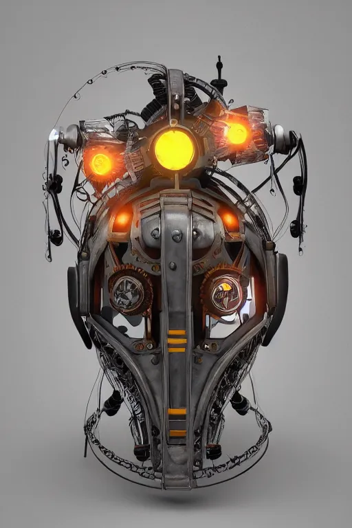 Image similar to steampunk mask minimalist fantasy art robot ninja helmet, global illumination ray tracing hdr fanart arstation by sung choi and eric pfeiffer and gabriel garza and casper konefal radiating a glowing aura