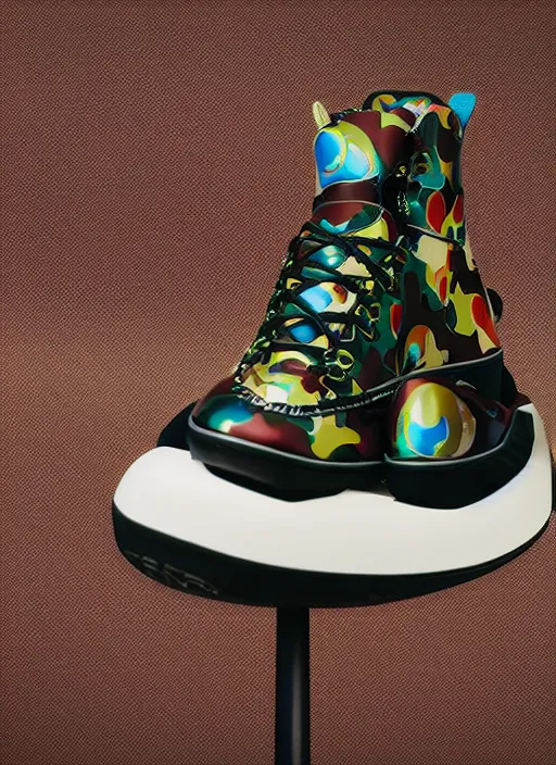 Image similar to hyperrealistic and heavy detailed product photo bape avant garde shoe of movie the fifth element, in front of white back drop, whole shoe is in picture, leica sl 2 5 0 mm, vivid color, high quality, high textured, real life