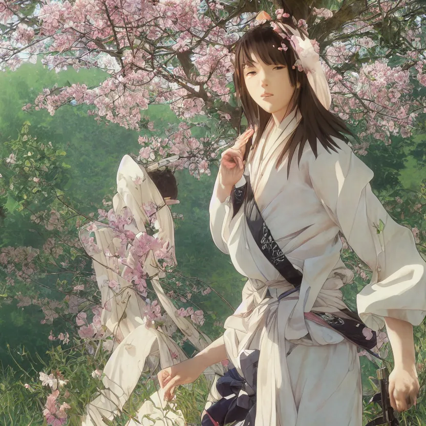 Prompt: portrait of a girl, sakura tree in background, yukata clothing, battlefield in background, anime style, short hair, hair down, symmetrical facial features, from arknights, hyper realistic, 4 k, extreme detail, detailed drawing, trending artstation, realistic lighting, by alphonse mucha, greg rutkowski, sharp focus, backlit