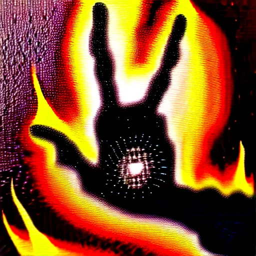 Prompt: an extreme detailed painting with detailed textures of a hand made out of quantum fire dreamscape seen in a vision, reaching towards you disturbing eerie cybergothic high image quality