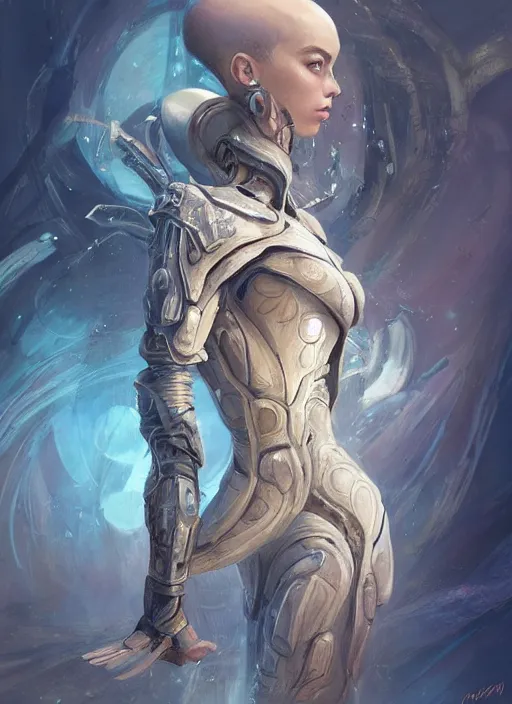 Image similar to a professional painting of a beautiful young female alien, clothed in ethereal armor, olive skin, long dark hair, beautiful bone structure, symmetrical facial features, intricate, elegant, digital painting, concept art, smooth, sharp focus, illustration, from Valerian and the City of a Thousand Planets, by Ruan Jia and Mandy Jurgens and Artgerm and William-Adolphe Bouguerea