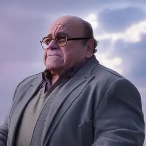 Image similar to a screenshot of Danny Devito playing Thanos in Avengers Endgame