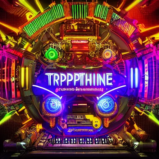 Image similar to album cover, album is called tripmachine, tripmachine, photo of a huge steampunk machine made of guitars and drums and pianos, connected with glowing tubes 8 k, fluorescent colors, halluzinogenic, multicolored, exaggerated detailed, front shot, 3 d render, octane